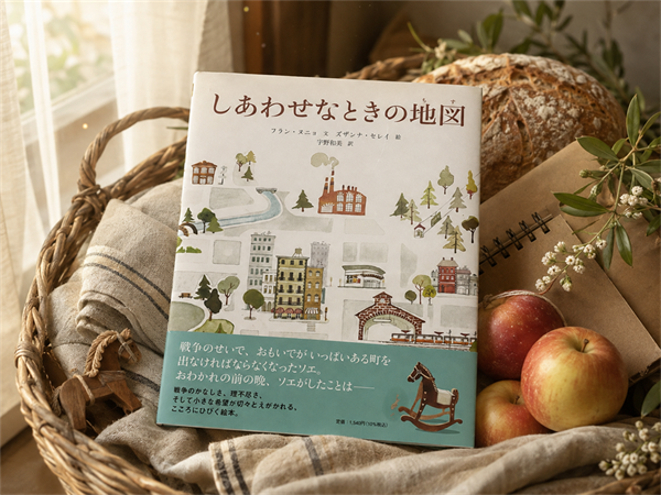 絵本『しあわせなときの地図』を、パンやリンゴ、木馬などとともに籠へ収めた終戦記念日のイメージ写真